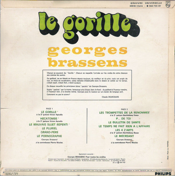 Georges Brassens : Le Gorille - Chansons Pas Pour Toutes Les Oreilles (LP, Comp)