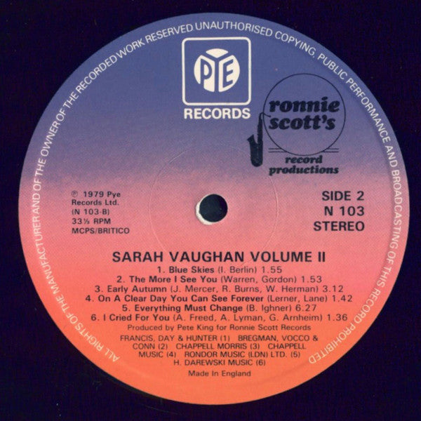 Sarah Vaughan : Ronnie Scott's Presents Sarah Vaughan Live Volume 2 (LP)