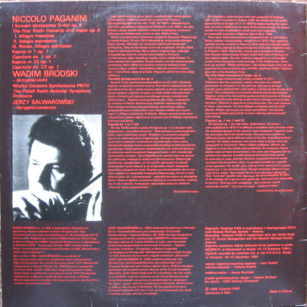 Niccolò Paganini, Vadim Brodski, Wielka Orkiestra Symfoniczna Polskiego Radia I Telewizji, Jerzy Salwarowski : I Koncert Skrzypcowy D-dur Op. 6, Kaprys Nr 1, Kaprys Nr 23 Op. 1  (LP, Album)
