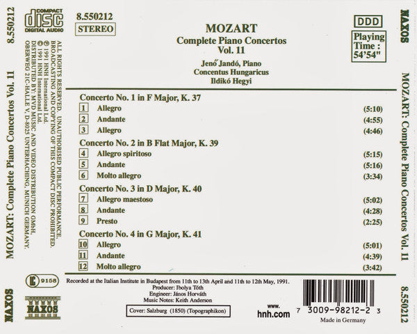 Wolfgang Amadeus Mozart, Jenö Jandó, Concentus Hungaricus, Ildikó Hegyi : Complete Piano Concertos, Vol. 11 (CD, Album, RE)