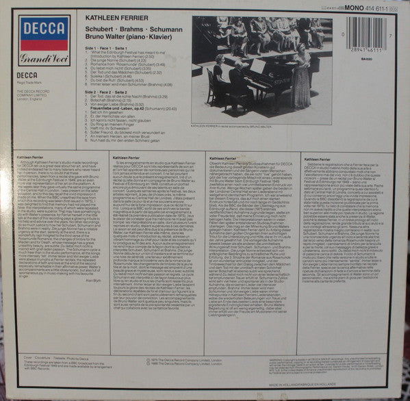 Kathleen Ferrier, Bruno Walter, Franz Schubert, Robert Schumann, Johannes Brahms : Kathleen Ferrier (LP, Album, Mono)