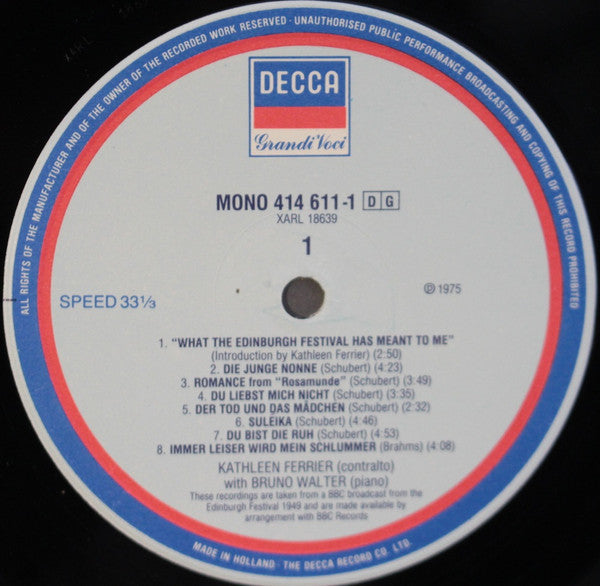 Kathleen Ferrier, Bruno Walter, Franz Schubert, Robert Schumann, Johannes Brahms : Kathleen Ferrier (LP, Album, Mono)