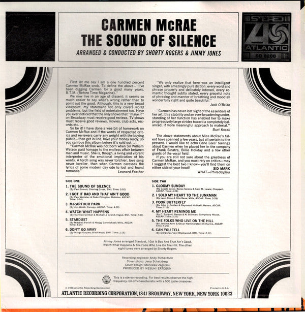 Carmen McRae : The Sound Of Silence (LP, Album, PR)