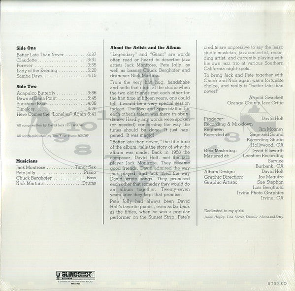 The Jack Montrose & Pete Jolly Quartet : "Better Late Than Never" The Jack Montrose & Pete Jolly Quartet Plays David Holt (LP, Album)