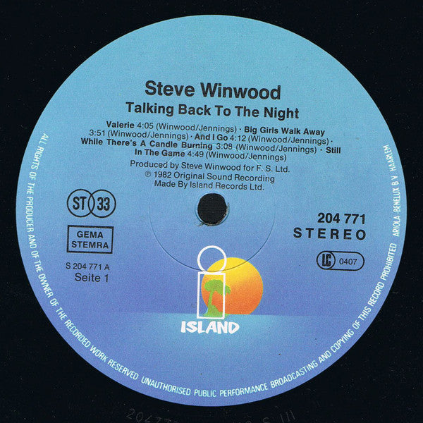 Steve Winwood : Talking Back To The Night (LP, Album)