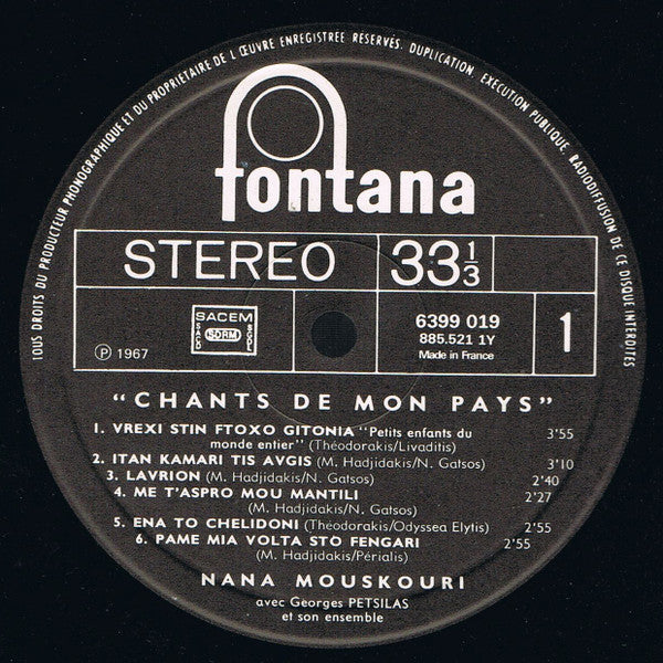 Nana Mouskouri : Chants De Mon Pays (LP, Album)