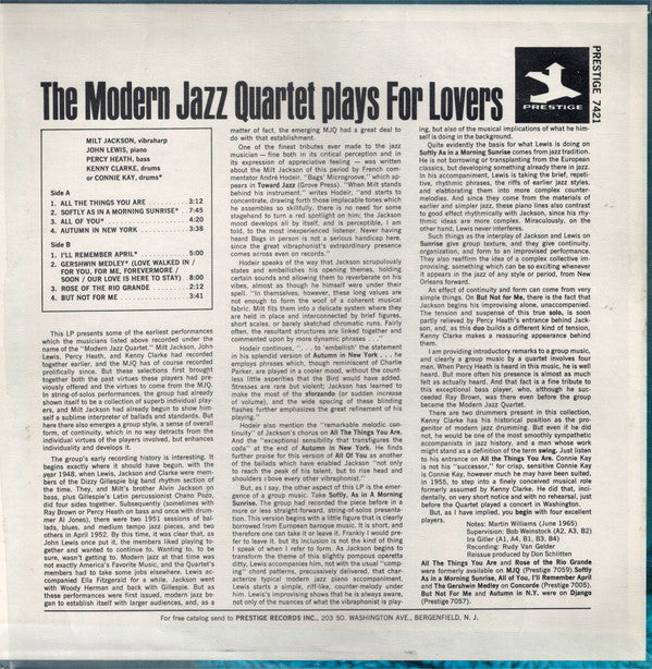 The Modern Jazz Quartet : The Modern Jazz Quartet Plays For Lovers (LP, Comp, RE, RM)
