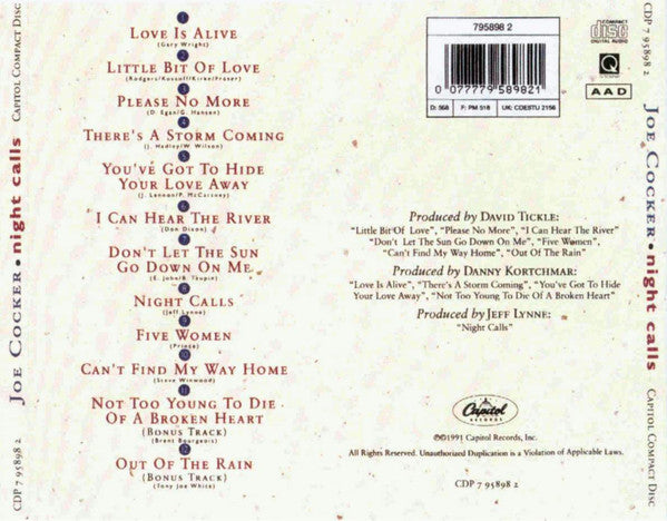 Joe Cocker : Night Calls (CD, Album, RP)