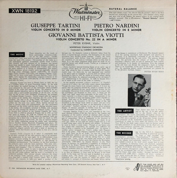 Giovanni Battista Viotti / Pietro Nardini / Giuseppe Tartini, Winterthur Symphony Orchestra Conducted By Clemens Dahinden, Peter Rybar : Violin Concerto No. 22 In A Minor / Violin Concerto In E Minor / Violin Concerto In D Minor (LP, Album, Mono)