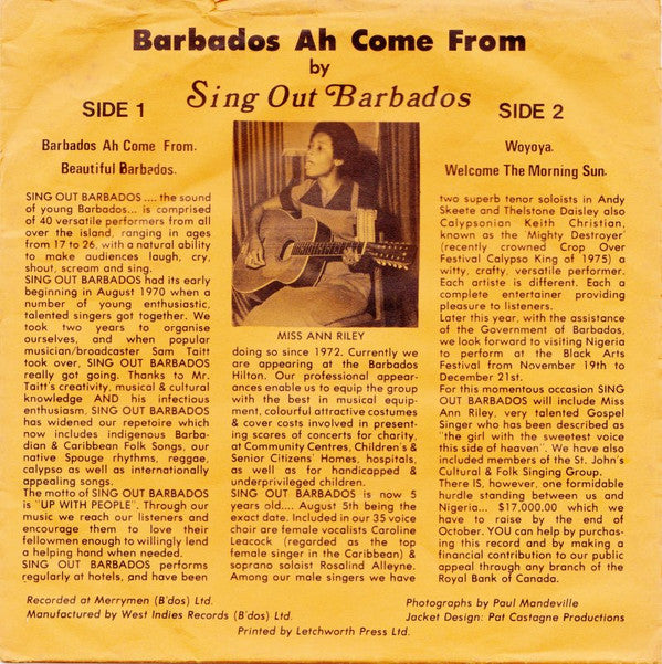 Sing Out Barbados : Barbados Ah Come From (7", EP)