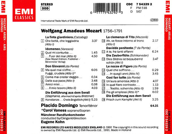 Placido Domingo With Carol Vaness : Mozart Arias = Arien = Airs (CD, Comp)
