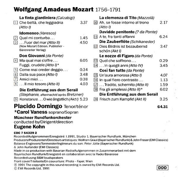 Placido Domingo With Carol Vaness : Mozart Arias = Arien = Airs (CD, Comp)