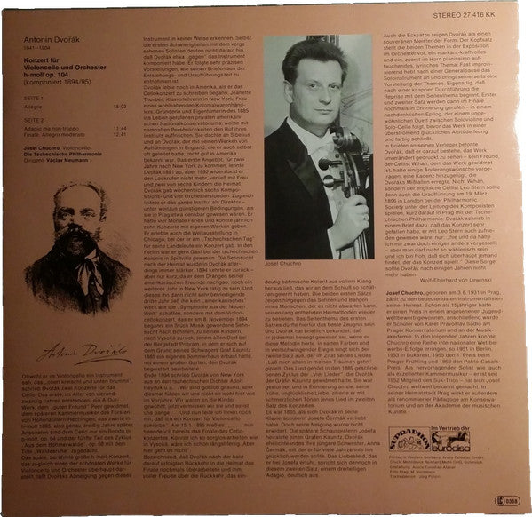 Antonín Dvořák - Josef Chuchro with Václav Neumann cond. The Czech Philharmonic Orchestra : Konzert Für Violoncello Und Orchester H Moll Op. 104 (LP)