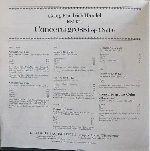 Georg Friedrich Händel - Deutsche Bachsolisten • Helmut Winschermann : Concerti Grossi Op. 3 Nr. 1-6 / Concerto Grosso "Alexander's Feast" (2xLP + Box)