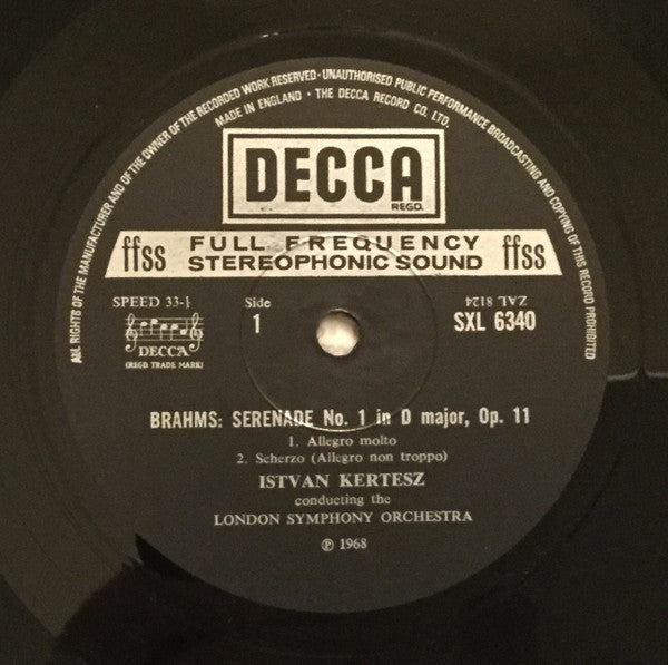 Johannes Brahms, London Symphony Orchestra, István Kertész : Serenade No. 1 In D, Op. 11 (LP, RP)