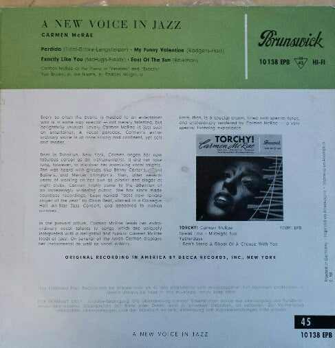 Carmen McRae : A New Voice In Jazz (7", EP)