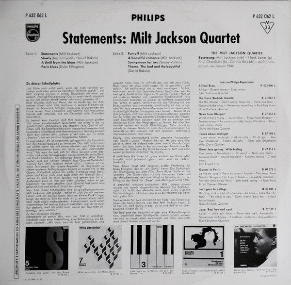 The Milt Jackson Quartet : Statements (LP, Album, Mono)