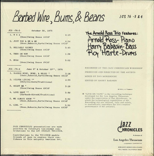Arnold Ross Trio : Barbed Wire, Bums, And Beans (LP, Album)