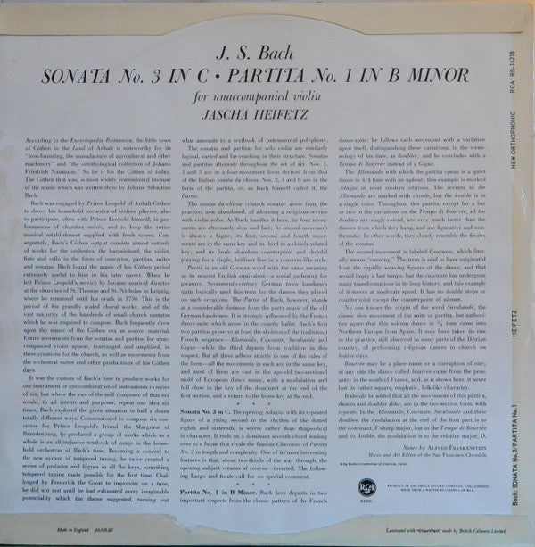 Jascha Heifetz : Bach Sonata No. 3 Partita No. 1 For Unaccompanied Violin (LP, Mono)