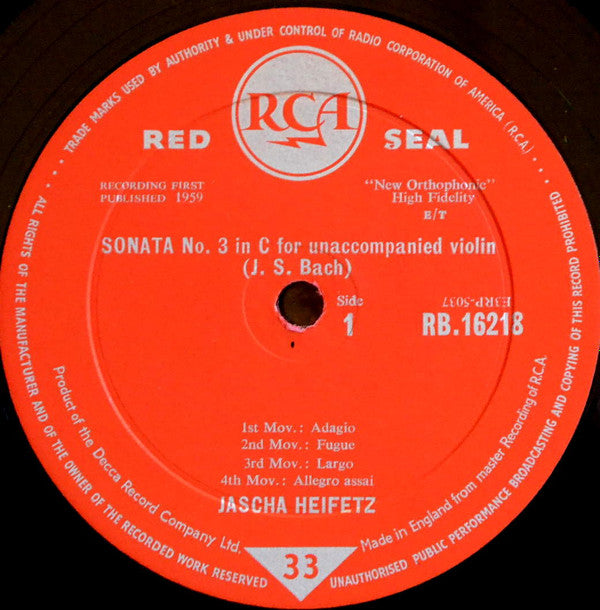 Jascha Heifetz : Bach Sonata No. 3 Partita No. 1 For Unaccompanied Violin (LP, Mono)