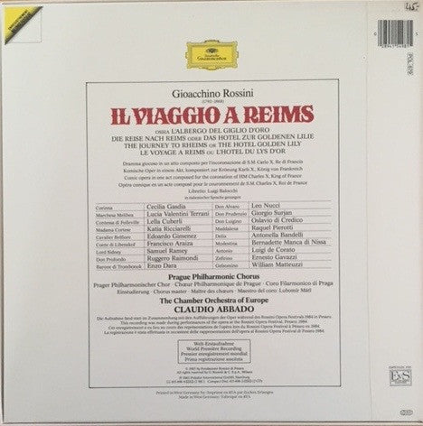 Gioacchino Rossini - Katia Ricciarelli, Lucia Valentini Terrani, Lella Cuberli, Cecilia Gasdia, Francisco Araiza, Edoardo Gimenez, Leo Nucci, Ruggero Raimondi, Samuel Ramey, Enzo Dara, Prague Philharmonic Chorus, The Chamber Orchestra Of Europe, Claudio A : Il Viaggio A Reims  (3xLP, Album + Box)