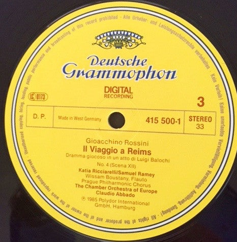 Gioacchino Rossini - Katia Ricciarelli, Lucia Valentini Terrani, Lella Cuberli, Cecilia Gasdia, Francisco Araiza, Edoardo Gimenez, Leo Nucci, Ruggero Raimondi, Samuel Ramey, Enzo Dara, Prague Philharmonic Chorus, The Chamber Orchestra Of Europe, Claudio A : Il Viaggio A Reims  (3xLP, Album + Box)
