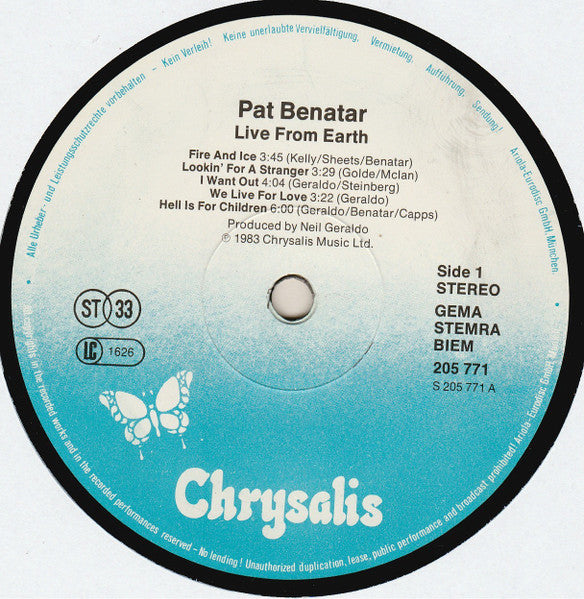 Pat Benatar : Live From Earth (LP, Album)