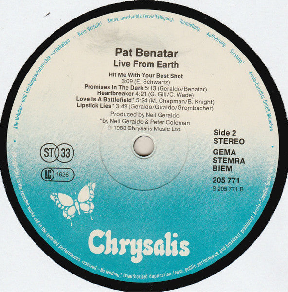 Pat Benatar : Live From Earth (LP, Album)