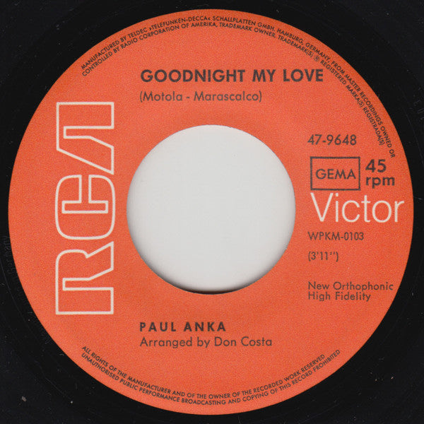 Paul Anka : Goodnight My Love (7", Single)