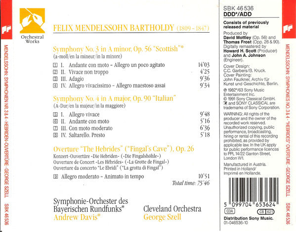 Felix Mendelssohn-Bartholdy, The Cleveland Orchestra, George Szell : Symphonies No. 3 "Scottish" No. 4 "Italian" "Hebrides" Overture (CD, Comp, RE, RM)