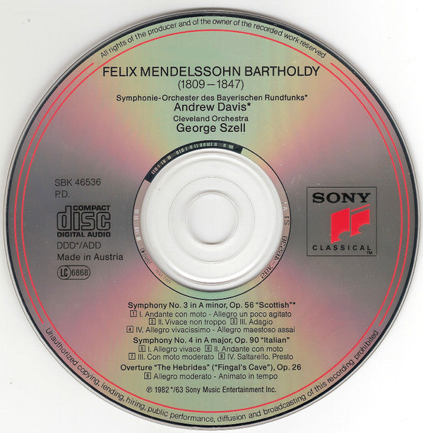 Felix Mendelssohn-Bartholdy, The Cleveland Orchestra, George Szell : Symphonies No. 3 "Scottish" No. 4 "Italian" "Hebrides" Overture (CD, Comp, RE, RM)