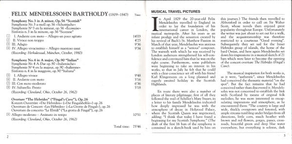 Felix Mendelssohn-Bartholdy, The Cleveland Orchestra, George Szell : Symphonies No. 3 "Scottish" No. 4 "Italian" "Hebrides" Overture (CD, Comp, RE, RM)