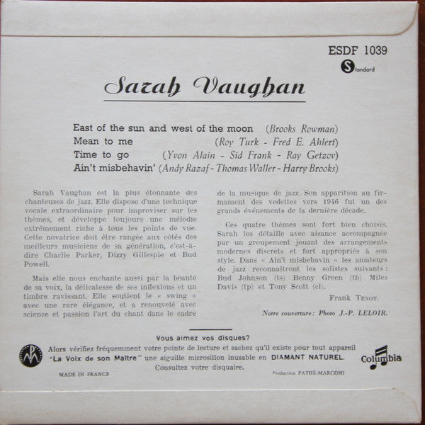 Sarah Vaughan : East Of The Sun/ Mean To Me/ Time To Go/ Ain't Misbehavin' (7", EP)
