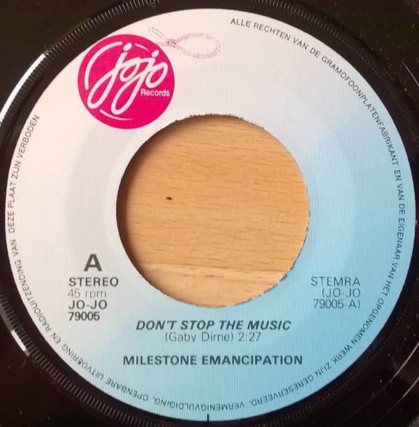 Milestone Emancipation : Don't Stop The Music / Pushers And Dealers (7", Single)