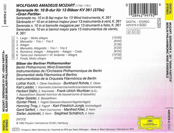 Wolfgang Amadeus Mozart - Blasorchester der Berliner Philharmoniker : Serenade KV 361 »Gran Partita« (CD, Album, RE, RM)