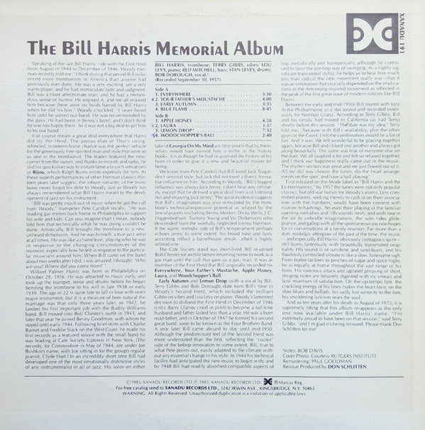 Bill Harris, Terry Gibbs, Lou Levy, Red Mitchell, Stan Levey : The Bill Harris Memorial Album (LP, Mono, RE)