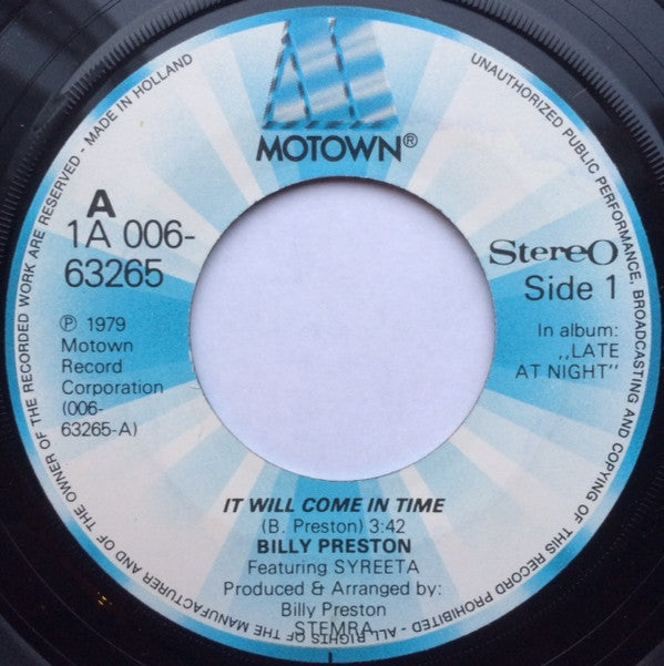 Billy Preston Featuring Syreeta : It Will Come In Time (7", Single)