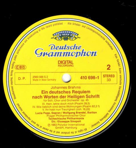 Johannes Brahms - Lucia Popp ∙ Wolfgang Brendel ∙ Prague Philharmonic Chorus ∙ The Czech Philharmonic Orchestra ∙ Giuseppe Sinopoli : Ein Deutsches Requiem (2xLP)