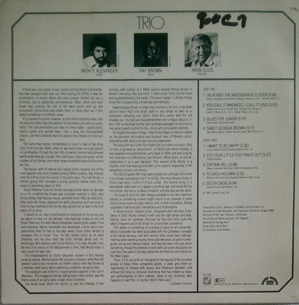 Monty Alexander / Ray Brown / Herb Ellis : Trio (LP, Album)