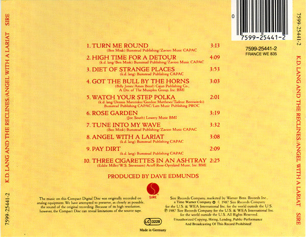 k.d. lang and the reclines : Angel With A Lariat (CD, Album, RE)