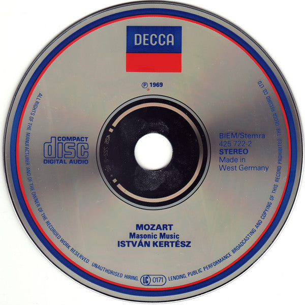 Wolfgang Amadeus Mozart - István Kertész : Masonic Music (CD, Album, RE, RM)