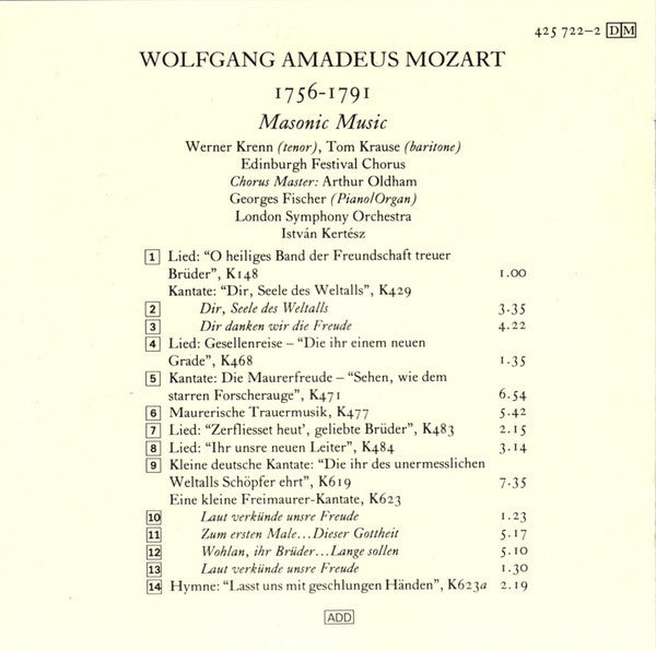 Wolfgang Amadeus Mozart - István Kertész : Masonic Music (CD, Album, RE, RM)