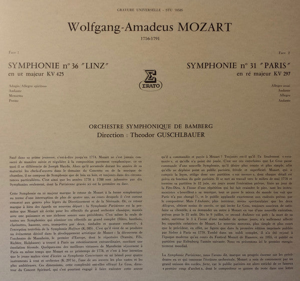 Wolfgang Amadeus Mozart, Bamberger Symphoniker, Theodor Guschlbauer : Symphonies "Linz" & "Paris" (LP)