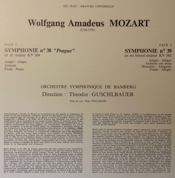 Wolfgang Amadeus Mozart, Bamberger Symphoniker, Theodor Guschlbauer : Symphonies N°38 & N°39 (LP)