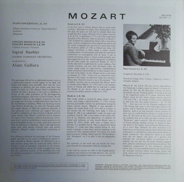Wolfgang Amadeus Mozart, Ingrid Haebler, London Symphony Orchestra / Alceo Galliera : Piano Concerto No. 25 In C Major, K. 503 / Concerto Rondo In D Major, K. 382 / Concerto Rondo In A Major, K. 386 (LP, Album)