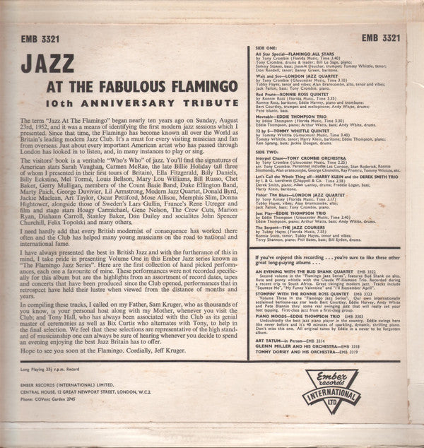 Various : Jazz At The Flamingo - 10th Anniversary Tribute (LP, Comp, Mono)