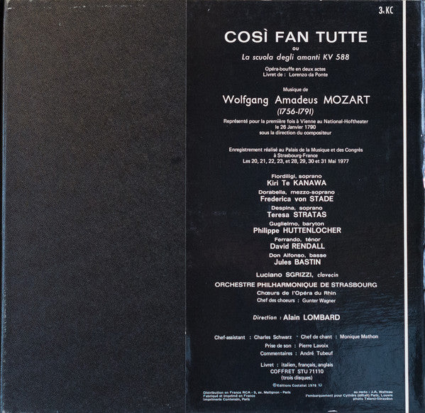 Wolfgang Amadeus Mozart, Kiri Te Kanawa, Frederica von Stade, Teresa Stratas, Jules Bastin, David Rendall, Philippe Huttenlocher, Luciano Sgrizzi, Orchestre Philharmonique De Strasbourg, Alain Lombard : Cosi Fan Tutte (3xLP + Box)