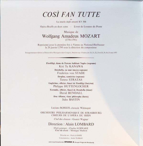 Wolfgang Amadeus Mozart, Kiri Te Kanawa, Frederica von Stade, Teresa Stratas, Jules Bastin, David Rendall, Philippe Huttenlocher, Luciano Sgrizzi, Orchestre Philharmonique De Strasbourg, Alain Lombard : Cosi Fan Tutte (3xLP + Box)