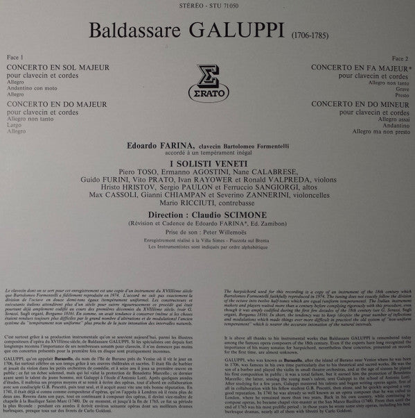 Baldassare Galuppi - Edoardo Farina, I Solisti Veneti / Dir. Claudio Scimone : Quatre Concertos Pour Clavecin (LP, gat)