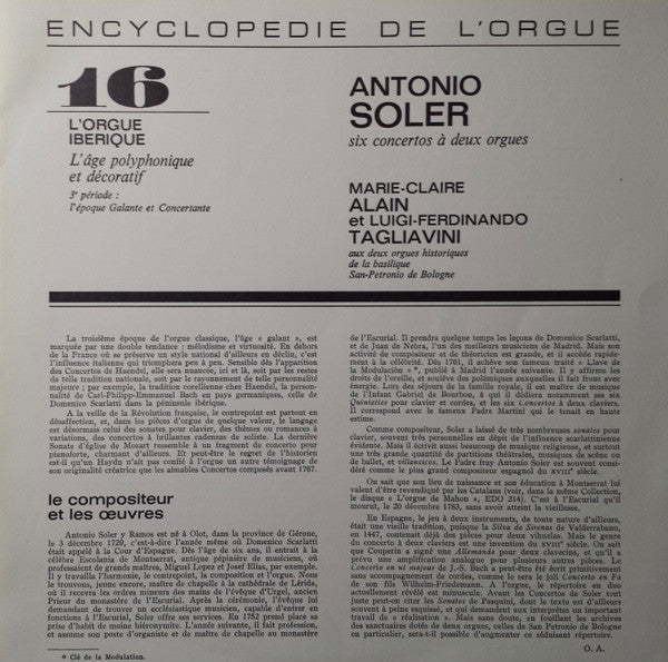 Padre Antonio Soler - Marie-Claire Alain, Luigi Ferdinando Tagliavini : Six Concertos À Deux Orgues (LP, RE)